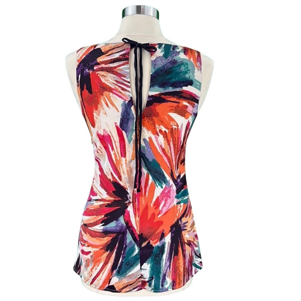 Ann Taylor Floral Watercolor Print Artsy Dressy Boho Tie Back Sleeveless Blouse - Picture 7 of 16